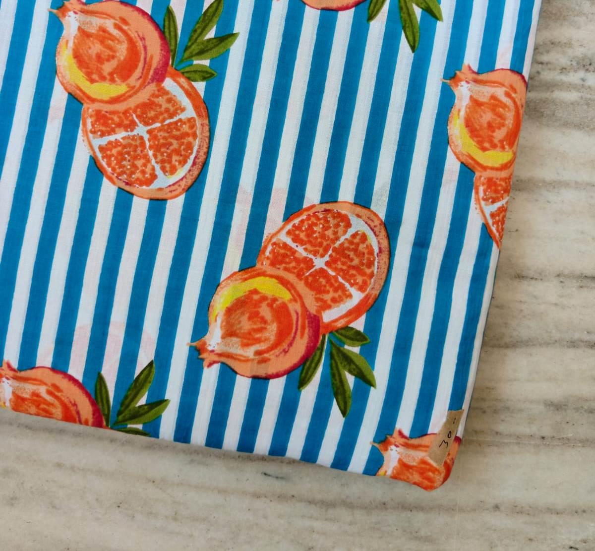 Pomegranate Cotton Fabric by the Yard, Blue White Stripe Fruit Print Fabric, Botanical Summer Fabric, Quilting Sewing Apparel Craft Fabric