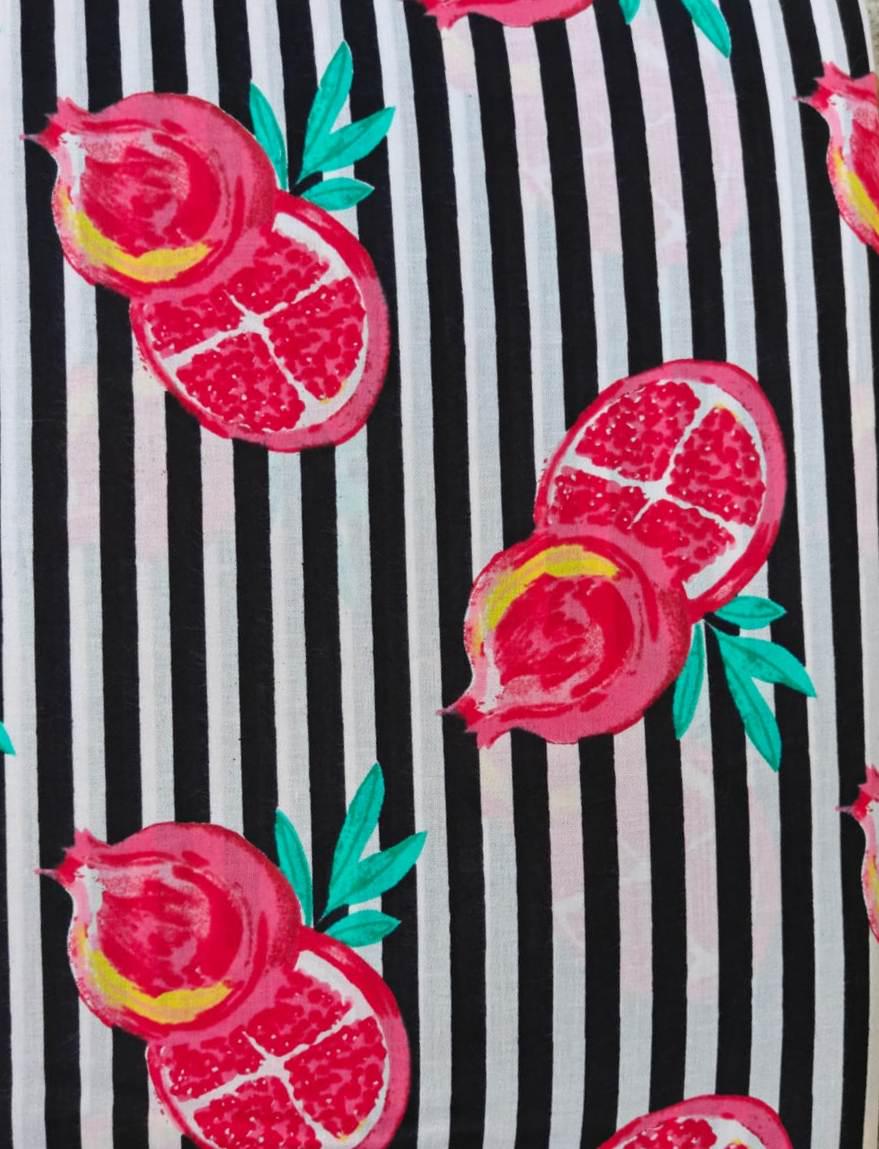 Pink Pomegranate Cotton Fabric by the Yard, Black White Stripe Fruit Print Fabric, Botanical Quilting Fabric, Sewing Apparel Craft Fabric