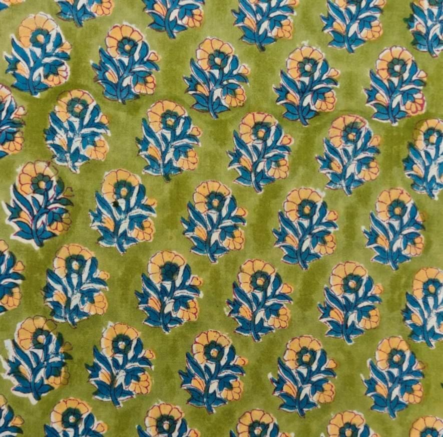 Green Floral Cotton Fabric by the Yard, Indian Hand Block Print Fabric, Botanical Cotton Textile, Quilting Fabric, Dressmaking Fabric
