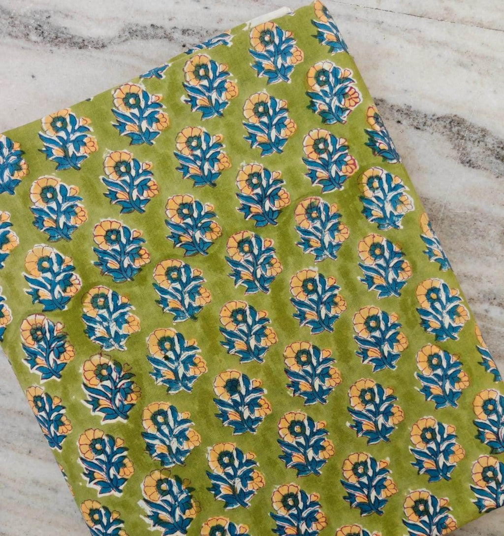 Green Floral Cotton Fabric by the Yard, Indian Hand Block Print Fabric, Botanical Cotton Textile, Quilting Fabric, Dressmaking Fabric