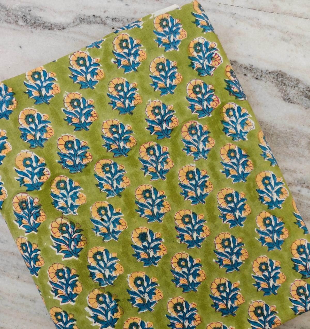 Green Floral Cotton Fabric by the Yard, Indian Hand Block Print Fabric, Botanical Cotton Textile, Quilting Fabric, Dressmaking Fabric