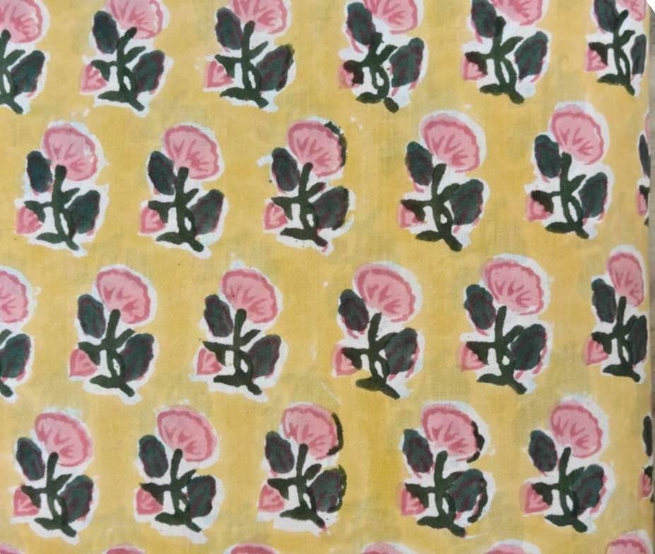 Yellow Floral Cotton Fabric by Yard, Hand Block Print Cotton Fabric, Pink Flower Indian Fabric, Lightweight Cotton Textile for Quilting