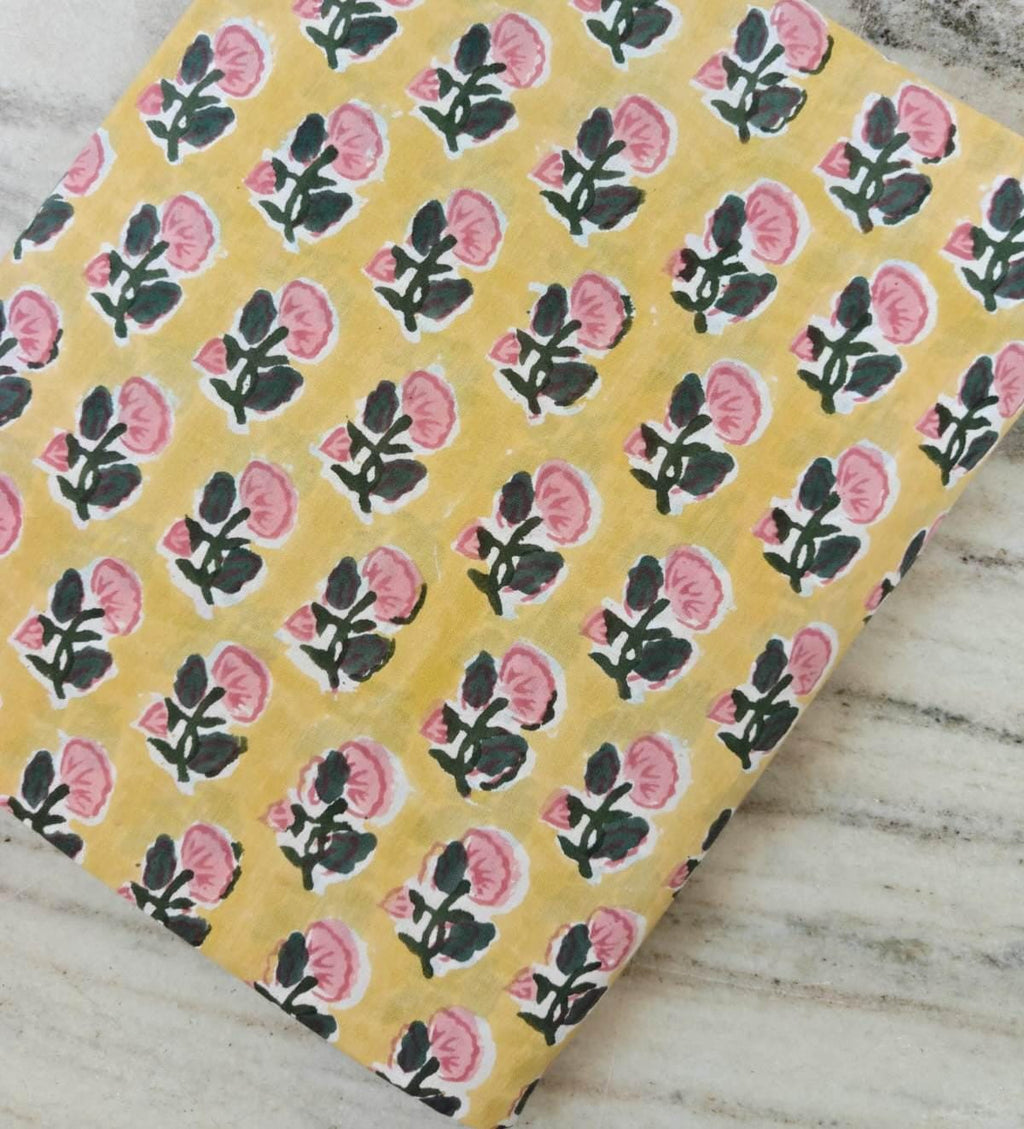 Yellow Floral Cotton Fabric by Yard, Hand Block Print Cotton Fabric, Pink Flower Indian Fabric, Lightweight Cotton Textile for Quilting