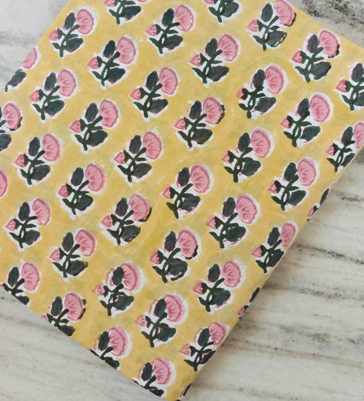 Yellow Floral Cotton Fabric by Yard, Hand Block Print Cotton Fabric, Pink Flower Indian Fabric, Lightweight Cotton Textile for Quilting