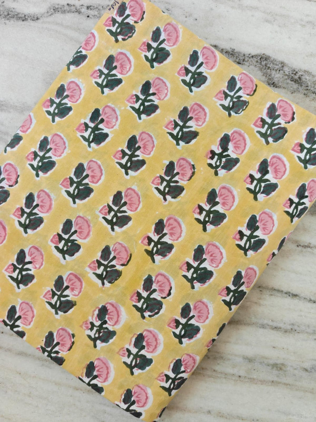 Yellow Floral Cotton Fabric by Yard, Hand Block Print Cotton Fabric, Pink Flower Indian Fabric, Lightweight Cotton Textile for Quilting