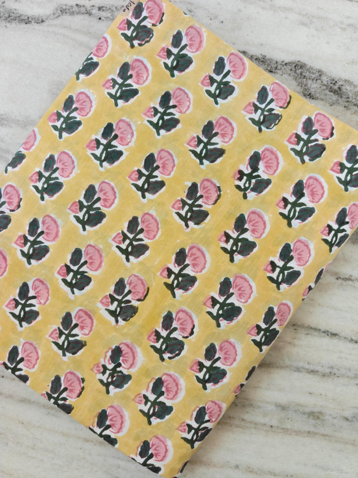 Yellow Floral Cotton Fabric by Yard, Hand Block Print Cotton Fabric, Pink Flower Indian Fabric, Lightweight Cotton Textile for Quilting