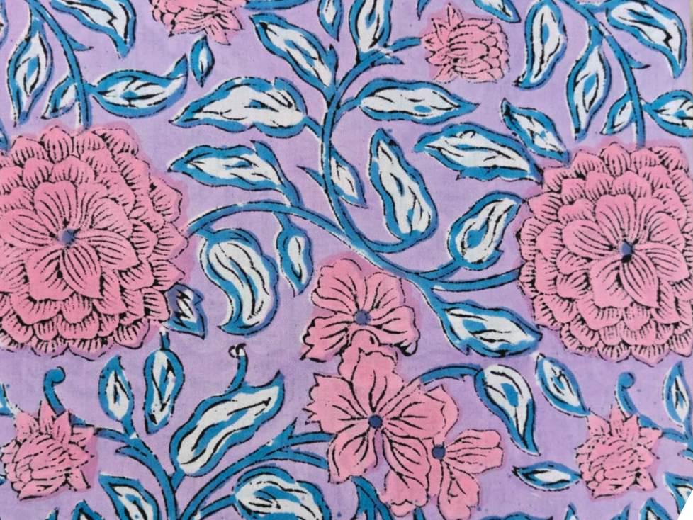 Lavender Floral Cotton Fabric, Block Print Style Fabric, Pink Floral Fabric By Yard, Soft Cotton Craft Fabric, Dressmaking Quilting Napkins
