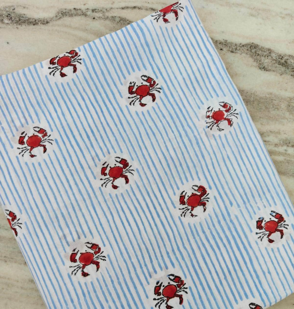 Red Crab Print Cotton Fabric by Yard, Striped Cotton Fabric, Beach Theme Fabric, Nautical Fabric, Soft Cotton Material for Sewing Quilting