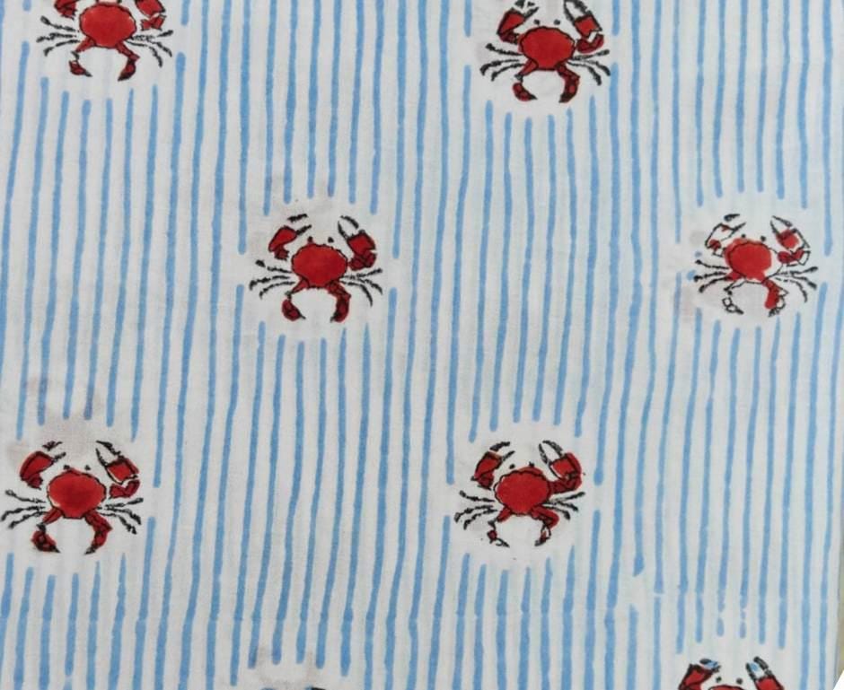 Red Crab Print Cotton Fabric by Yard, Striped Cotton Fabric, Beach Theme Fabric, Nautical Fabric, Soft Cotton Material for Sewing Quilting