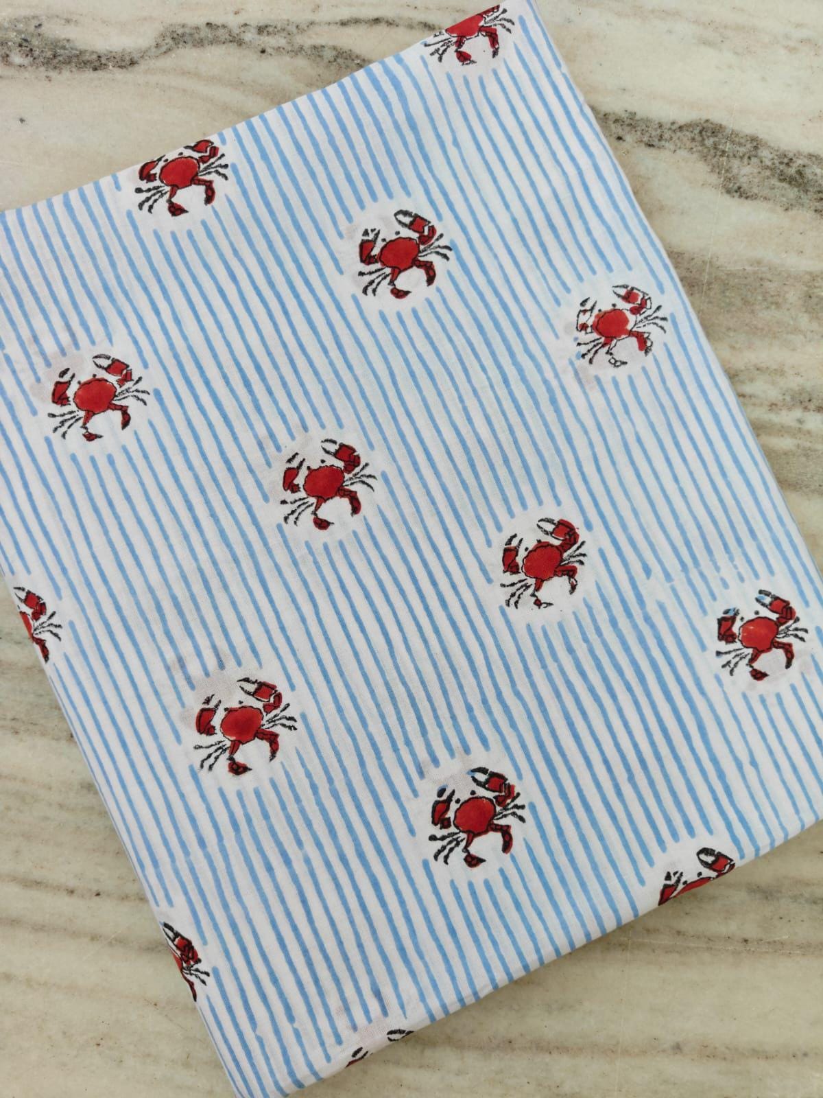 Red Crab Print Cotton Fabric by Yard, Striped Cotton Fabric, Beach Theme Fabric, Nautical Fabric, Soft Cotton Material for Sewing Quilting