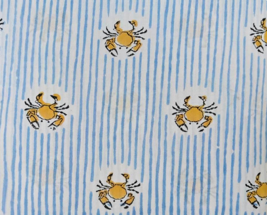 Yellow Crab Print Cotton Fabric by Yard, Striped Cotton Fabric, Beach Theme Fabric, Nautical Fabric Soft Cotton Material for Sewing Quilting