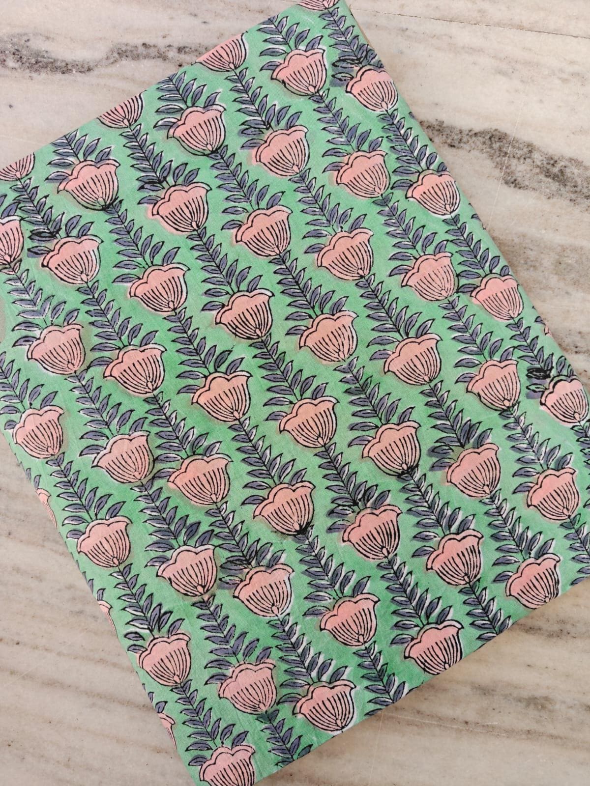 Mint Green Floral Cotton Fabric by Yard, Hand Block Print Cotton Fabric, Pink Flower Indian Fabric, Quilting Fabric, Dressmaking Fabric