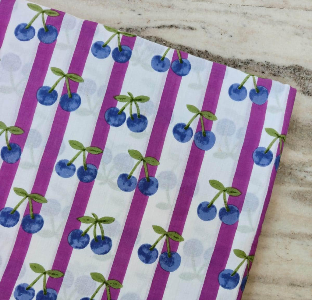Cherry Print Cotton Fabric by Yard, Pink Stripe Cotton Fabric, Fruit Print Fabric, Cute Summer Fabric, Cotton Sewing Fabric, Kids Fabric