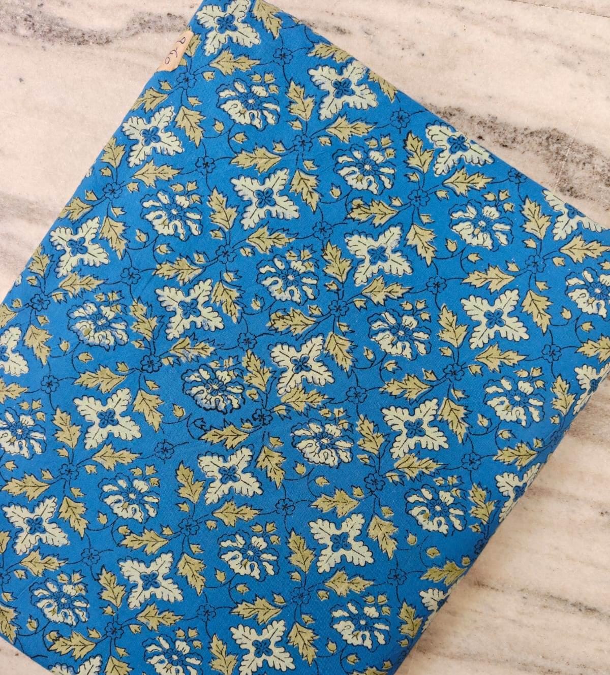 Blue Floral Cotton Fabric by the Yard, Vintage Indian Block Print Style, Botanical Flower Fabric, Quilting Sewing Craft Fabric, Napkins