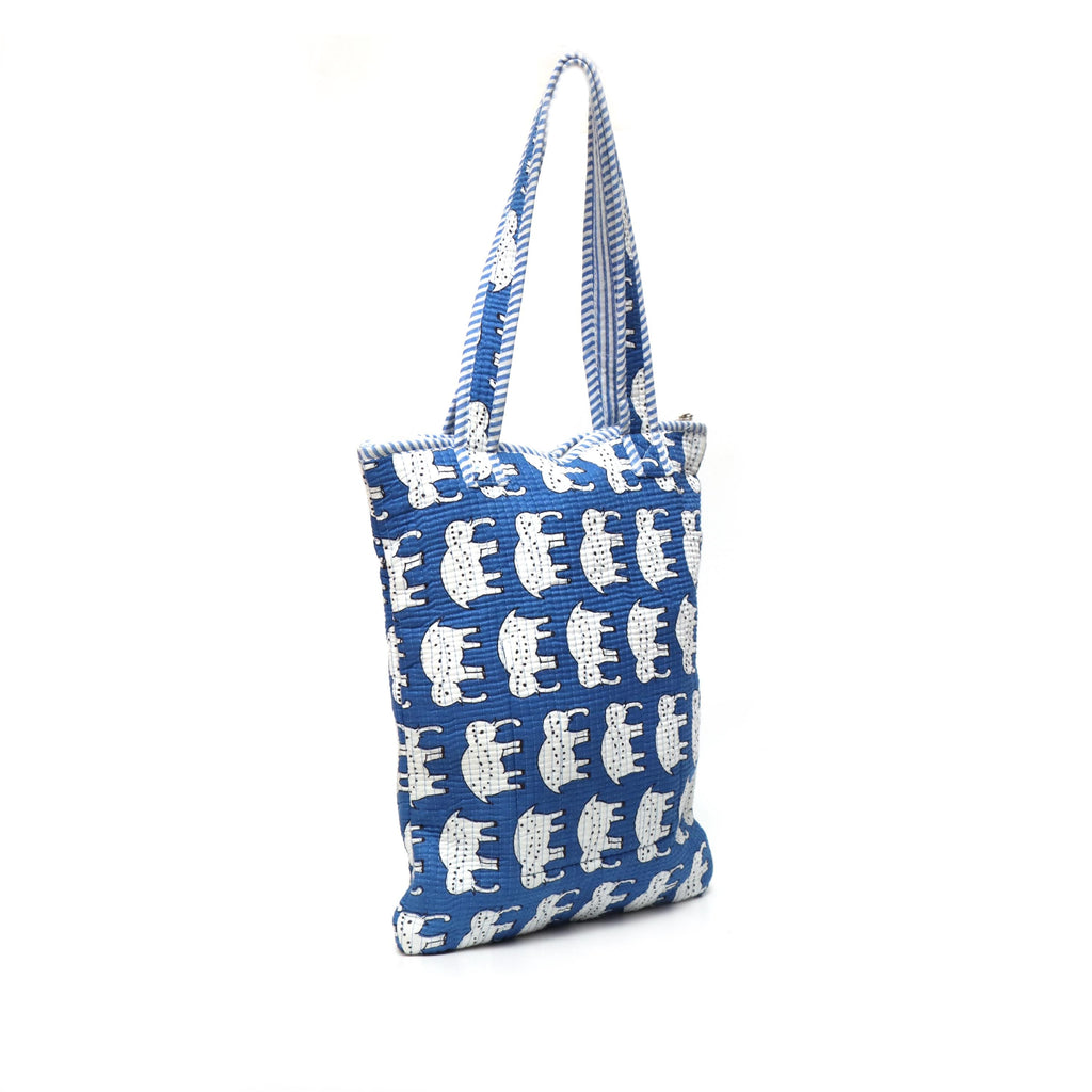 Blue Elephant Quilted Shoulder Bag, Handmade Cotton Tote Bag, Block Print Elephant Purse, Lightweight Everyday Carry Bag, Gift For Her