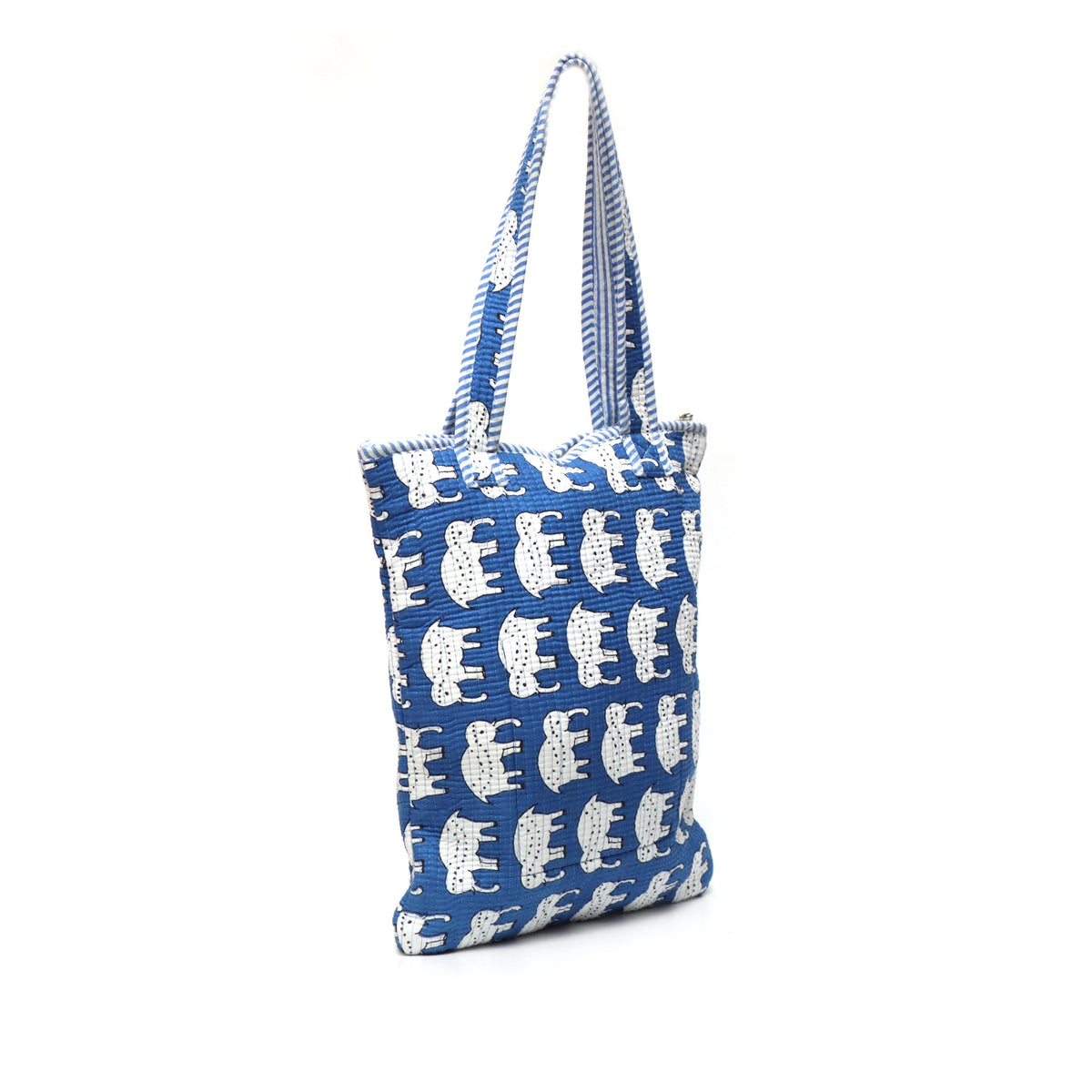 Blue Elephant Quilted Shoulder Bag, Handmade Cotton Tote Bag, Block Print Elephant Purse, Lightweight Everyday Carry Bag, Gift For Her