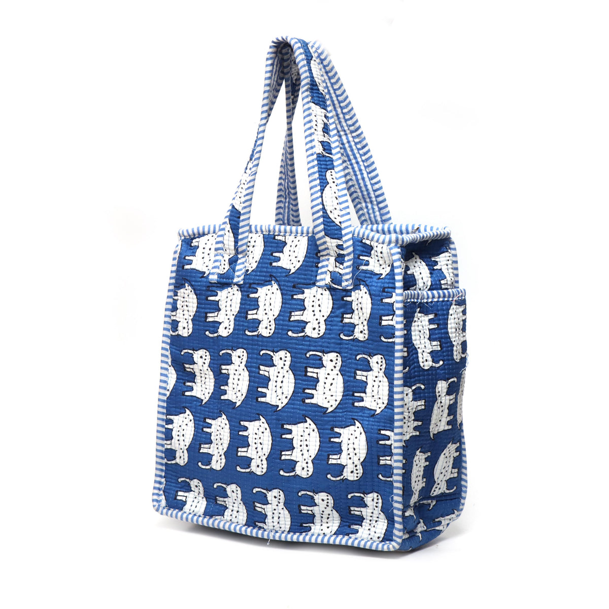Waterproof Blue Elephant Quilted Shoulder Bag, Cotton Tote Bag, Handmade Elephant Print Tote, Travel Shopping Beach Bag, Gift For Her
