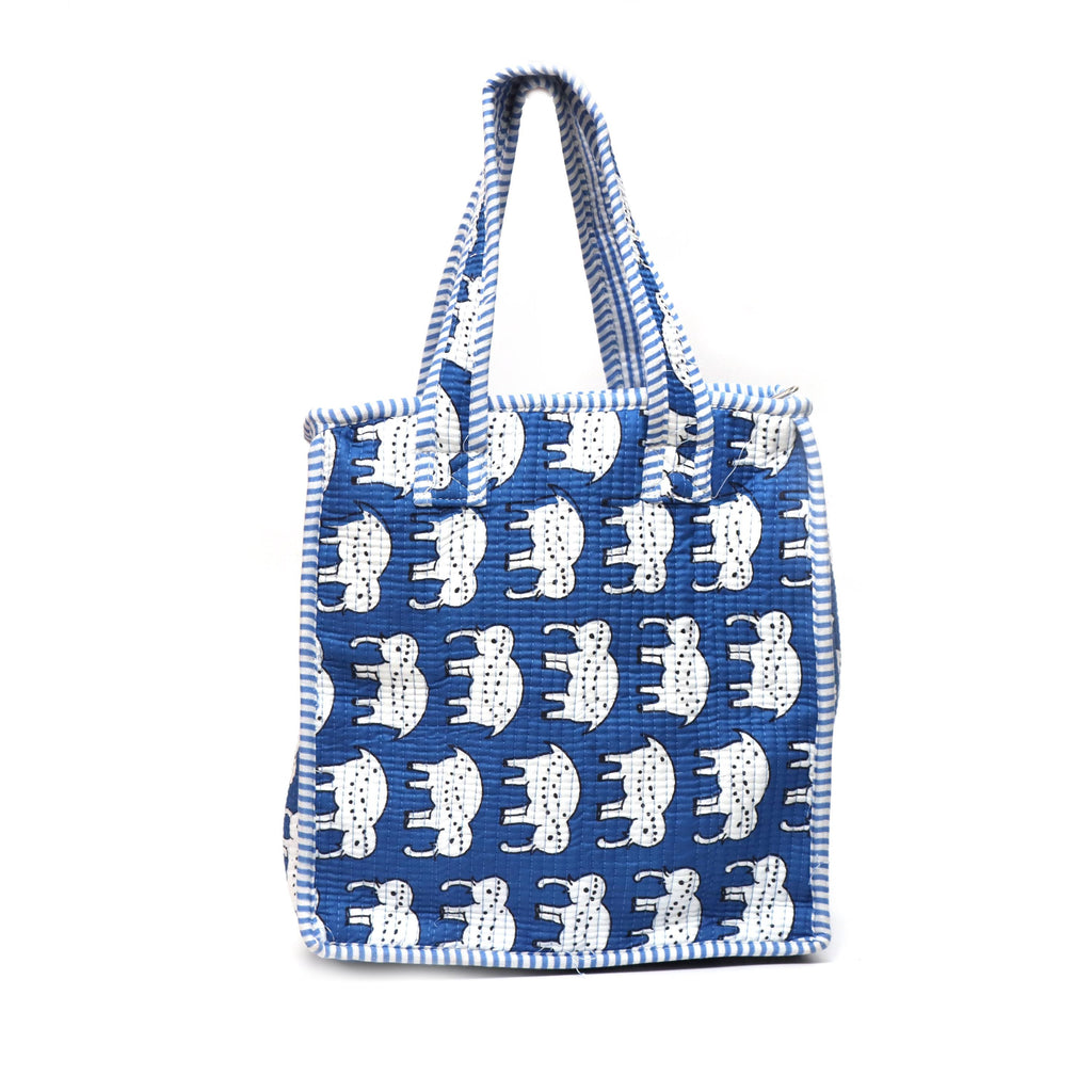 Waterproof Blue Elephant Quilted Shoulder Bag, Cotton Tote Bag, Handmade Elephant Print Tote, Travel Shopping Beach Bag, Gift For Her
