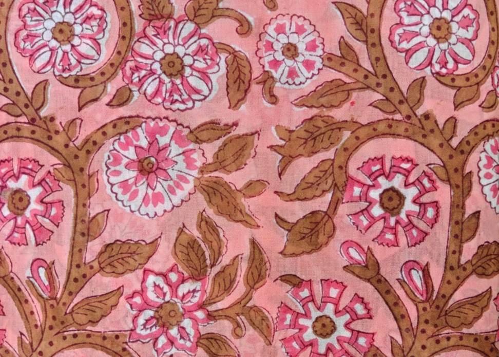 Peach Pink Floral Cotton Fabric by the Yard, Brown Vine Hand Block Print Fabric, Indian Cotton Fabric, Botanical Sewing Fabric, Dress Making