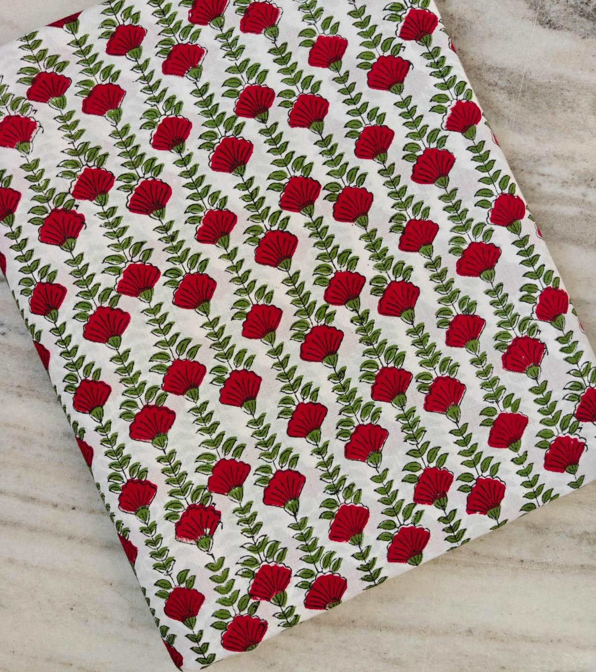 Red Floral Cotton Fabric by the Yard, White Hand Block Print Fabric, Green Vine Indian Cotton Fabric, Sewing Fabric, Loose Running Fabric