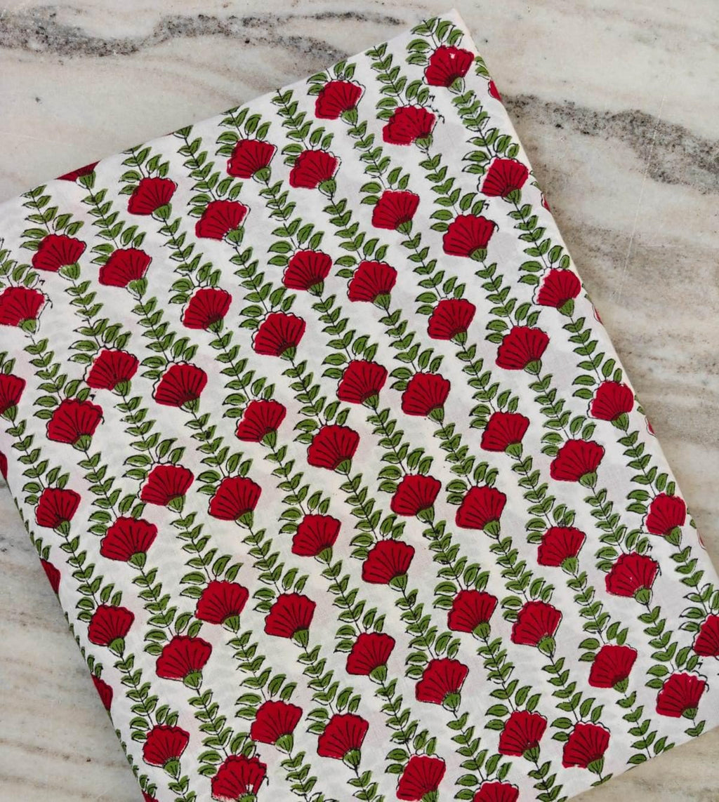 Red Floral Cotton Fabric by the Yard, White Hand Block Print Fabric, Green Vine Indian Cotton Fabric, Sewing Fabric, Loose Running Fabric