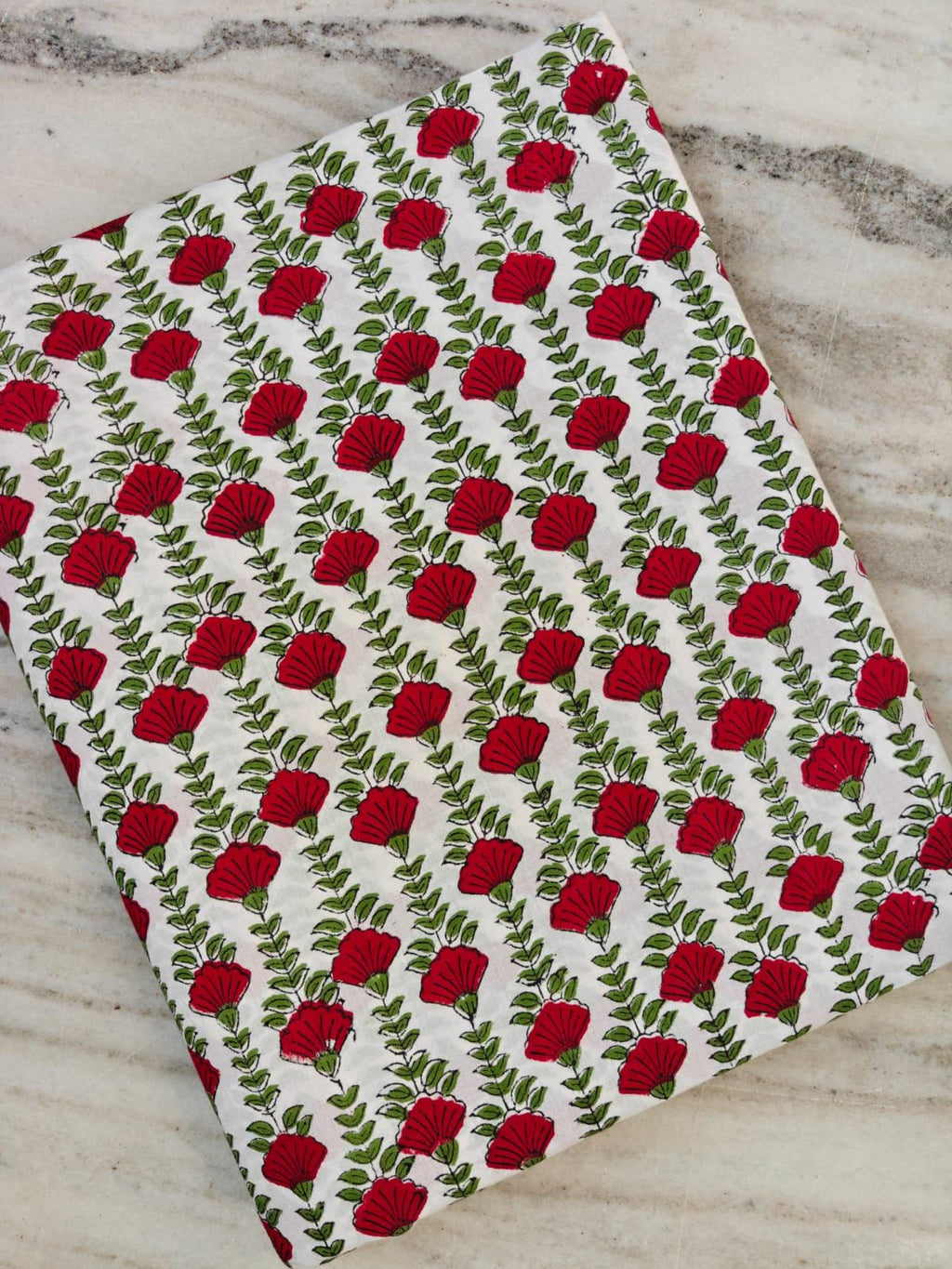 Red Floral Cotton Fabric by the Yard, White Hand Block Print Fabric, Green Vine Indian Cotton Fabric, Sewing Fabric, Loose Running Fabric
