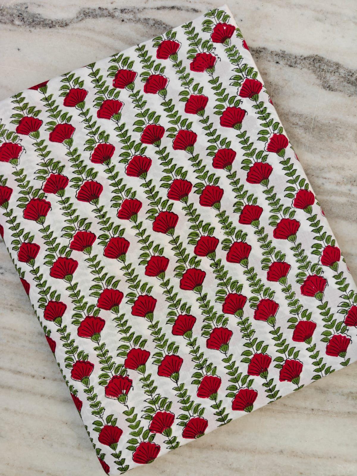 Red Floral Cotton Fabric by the Yard, White Hand Block Print Fabric, Green Vine Indian Cotton Fabric, Sewing Fabric, Loose Running Fabric