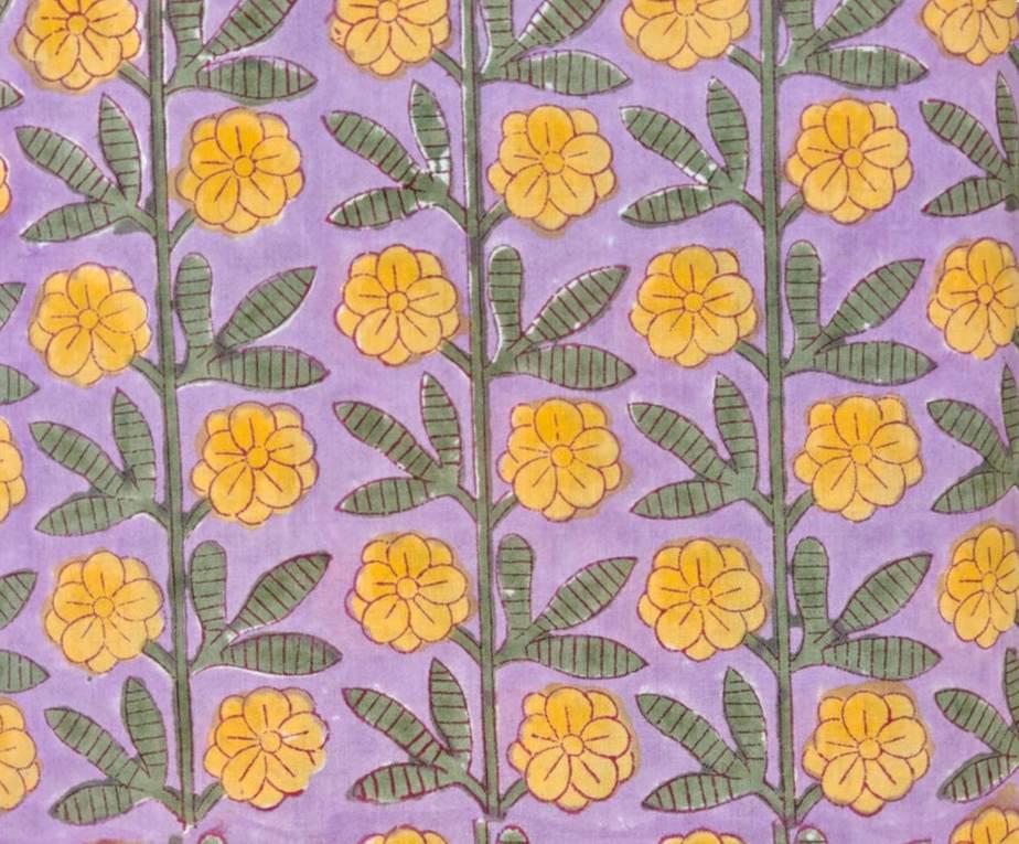 Lavender Yellow Floral Cotton Fabric by the Yard, Hand Block Print Fabric, Indian Cotton Fabric, Sewing Quilting Fabric, Dress Making Fabric