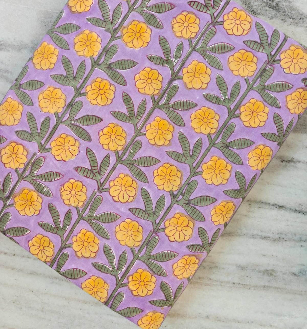 Lavender Yellow Floral Cotton Fabric by the Yard, Hand Block Print Fabric, Indian Cotton Fabric, Sewing Quilting Fabric, Dress Making Fabric