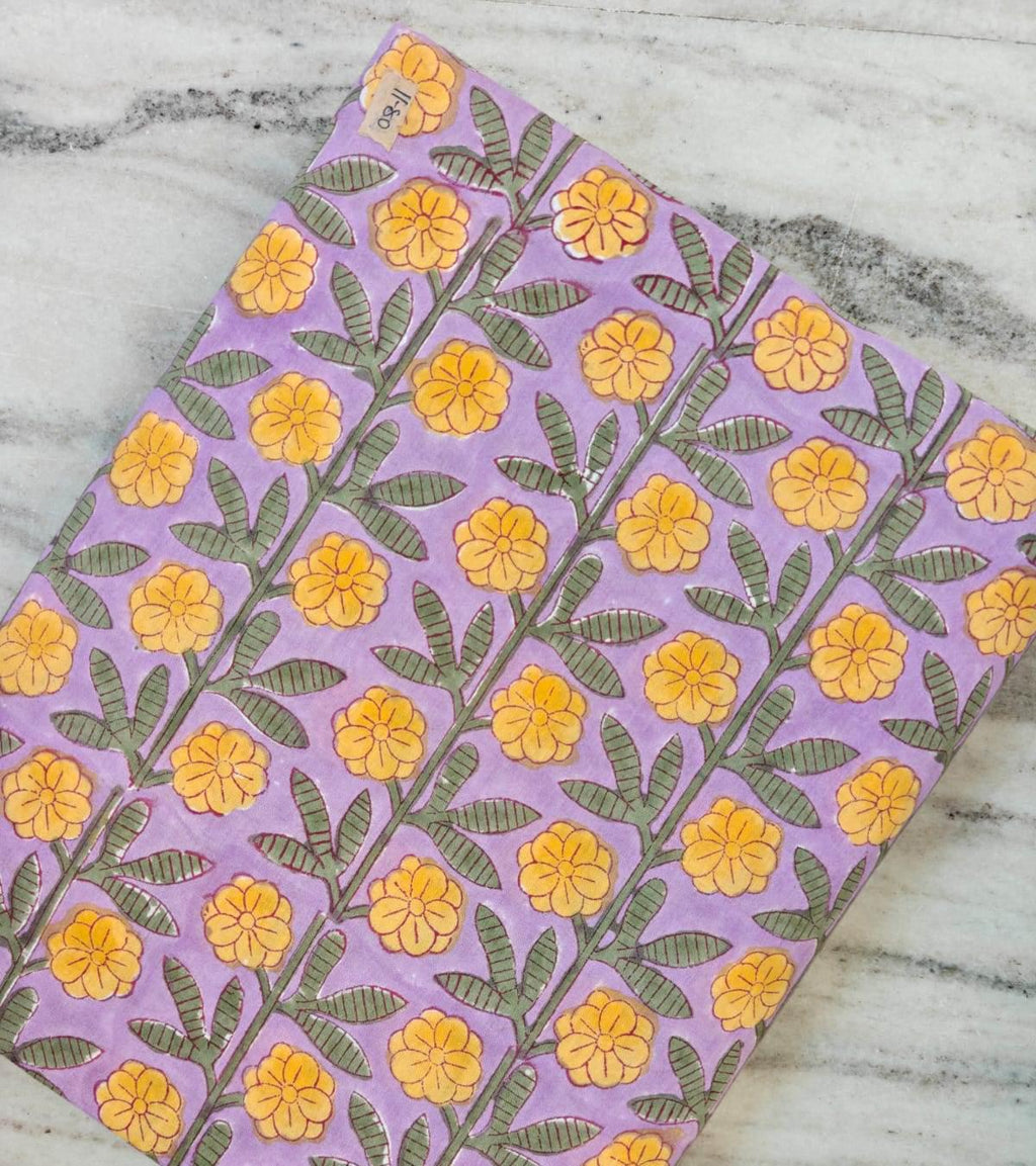 Lavender Yellow Floral Cotton Fabric by the Yard, Hand Block Print Fabric, Indian Cotton Fabric, Sewing Quilting Fabric, Dress Making Fabric
