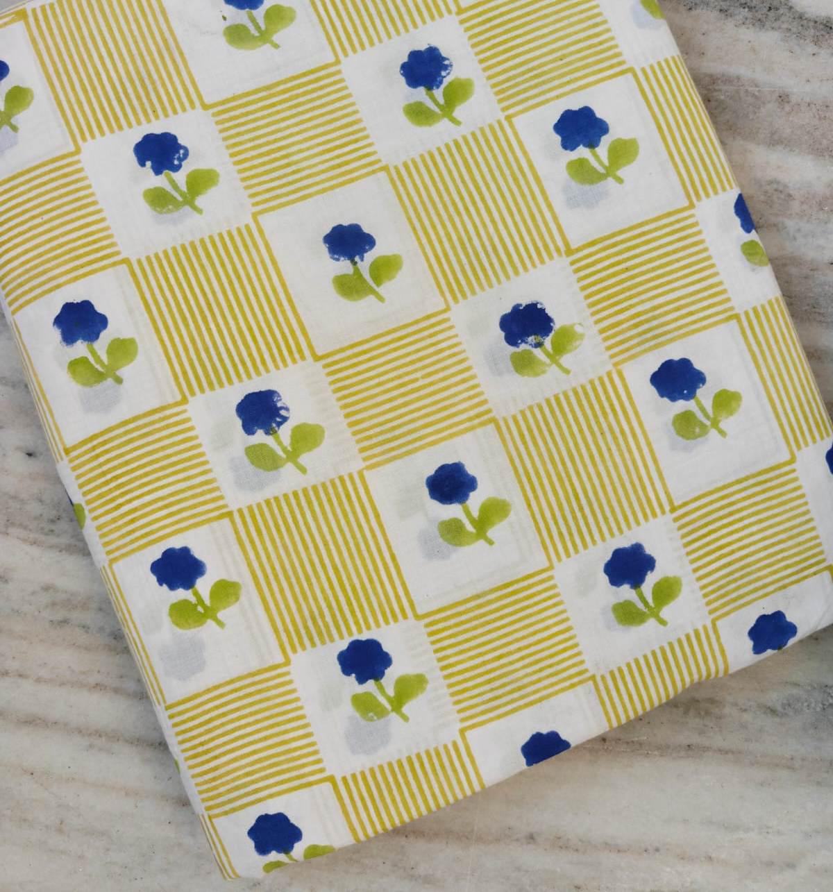 100% Cotton White Base with Mustard Yellow Stripe Check Pattern & Blue Floral Buti Print Fabric, Indian Cotton Fabric, Dressmaking Fabric