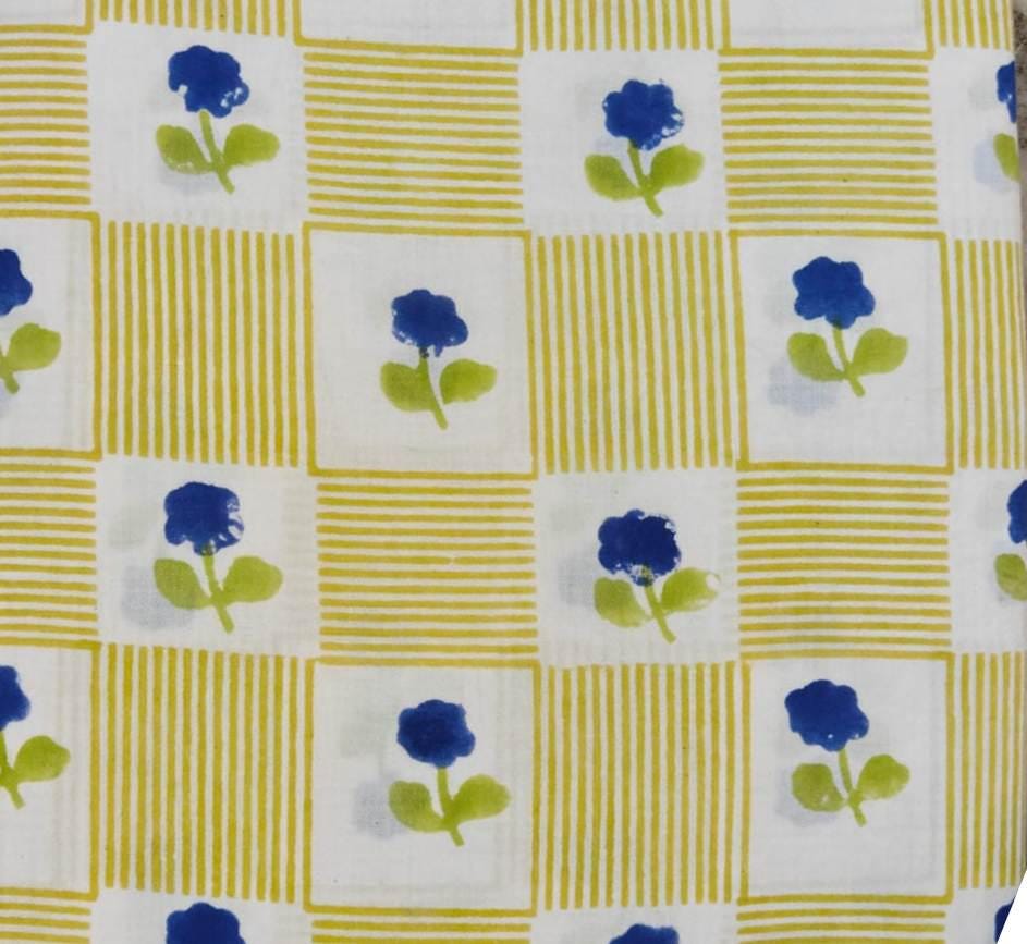 100% Cotton White Base with Mustard Yellow Stripe Check Pattern & Blue Floral Buti Print Fabric, Indian Cotton Fabric, Dressmaking Fabric