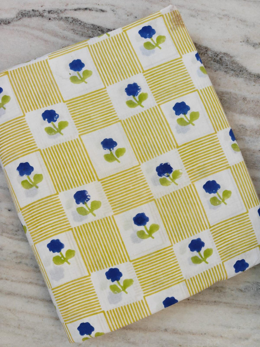 100% Cotton White Base with Mustard Yellow Stripe Check Pattern & Blue Floral Buti Print Fabric, Indian Cotton Fabric, Dressmaking Fabric