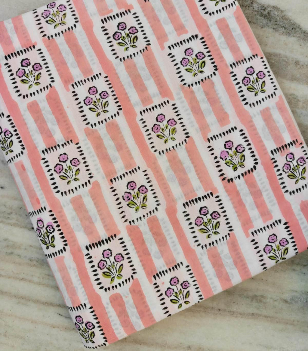 Pink & White Cotton Fabric by the Yard, Floral Block Print Style Cotton Fabric with Vertical Stripe Design,  Fabric for Sewing, Dressmaking