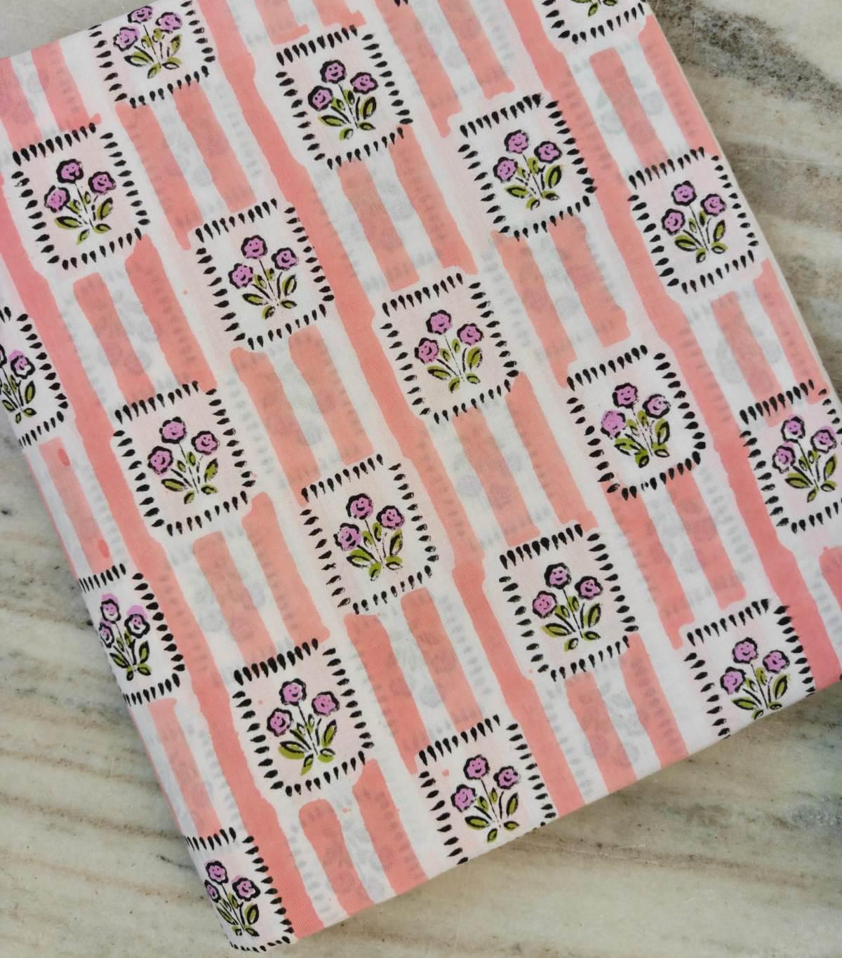 Pink & White Cotton Fabric by the Yard, Floral Block Print Style Cotton Fabric with Vertical Stripe Design,  Fabric for Sewing, Dressmaking