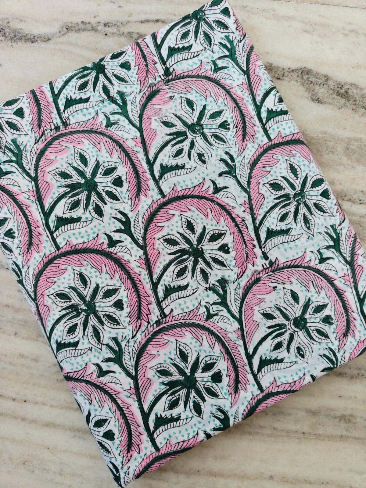 Pink Floral Block Print Cotton Fabric by Yard, Indian Hand Block Printed Fabric, Botanical Cotton Textile Quilting Sewing Dressmaking Fabric