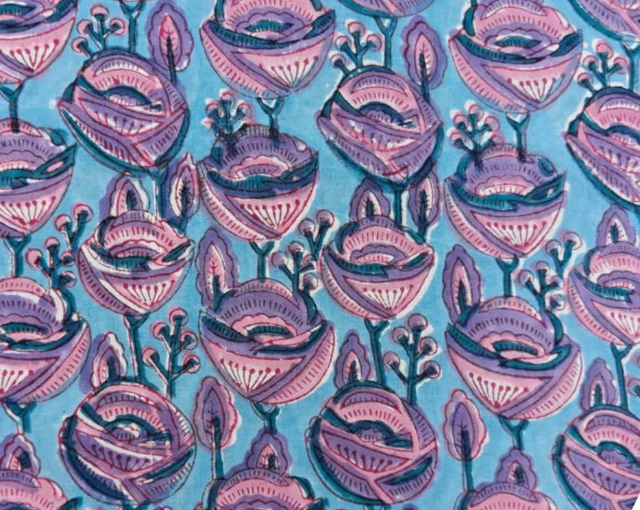Blue Pink Floral Cotton Fabric by Yard, Hand Block Print Fabric, Indian Cotton Fabric, Quilting Fabric, Dress Sewing, Loose Running Fabric