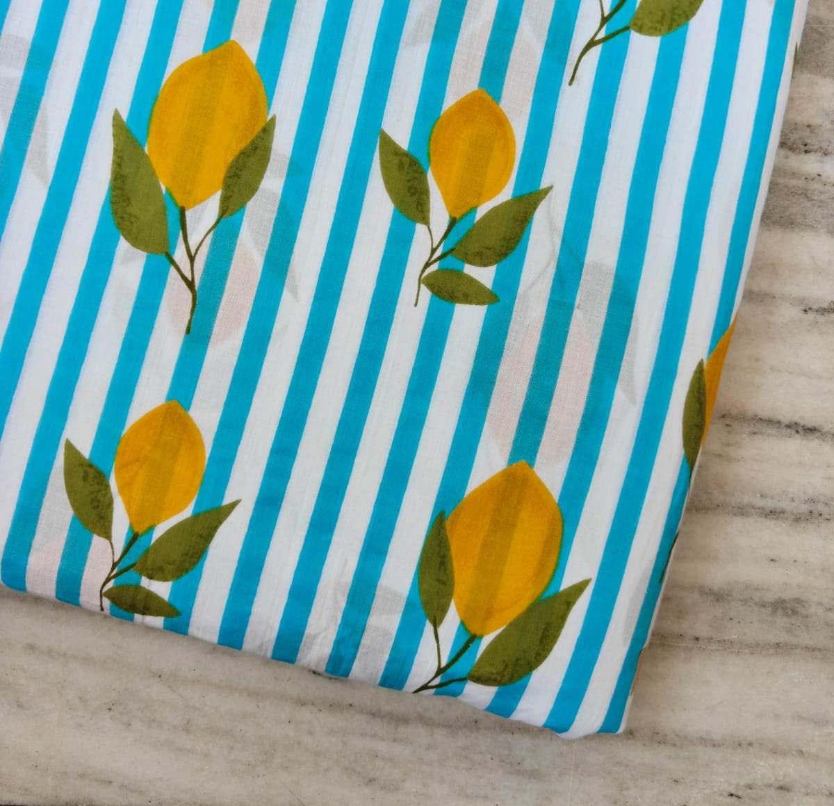 Blue & White Stripe Floral Cotton Fabric, Lemon Slice Hand Block Fabric Print by the Yard, Yellow Citrus Print on Striped Background
