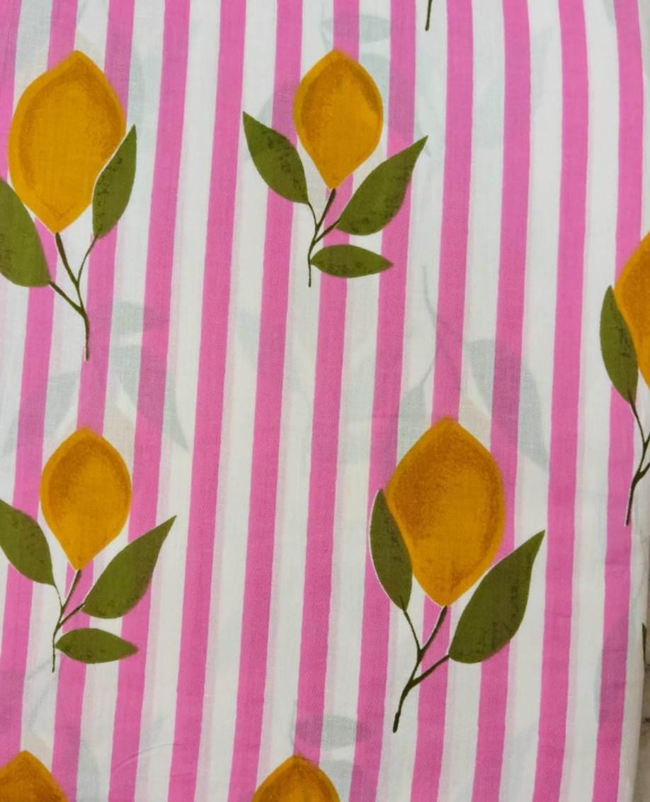 Pink & White Stripe Floral Cotton Fabric, Lemon Slice Hand Block Fabric Print by the Yard, Yellow Citrus Print Fabric, Summer Floral Fabric
