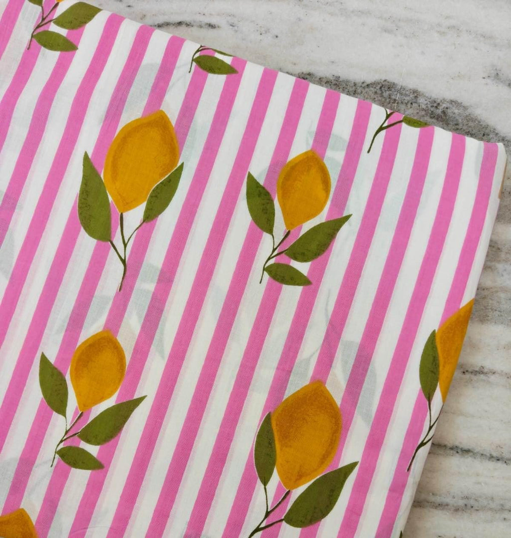 Pink & White Stripe Floral Cotton Fabric, Lemon Slice Hand Block Fabric Print by the Yard, Yellow Citrus Print Fabric, Summer Floral Fabric