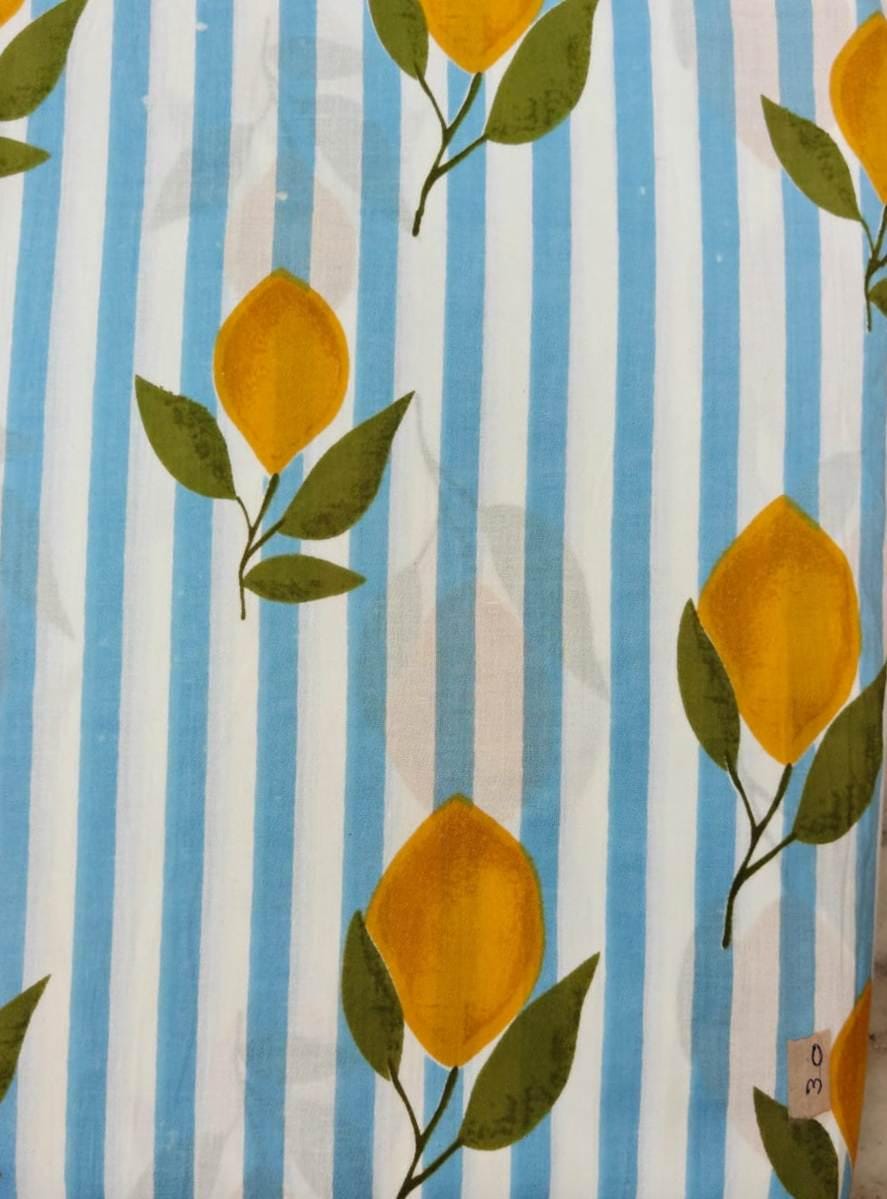 Sky Blue & White Stripe Lemon Cotton Fabric by the Yard, Citrus Print Cotton Fabric, Summer Fabric for Sewing, Dressmaking Home Decor