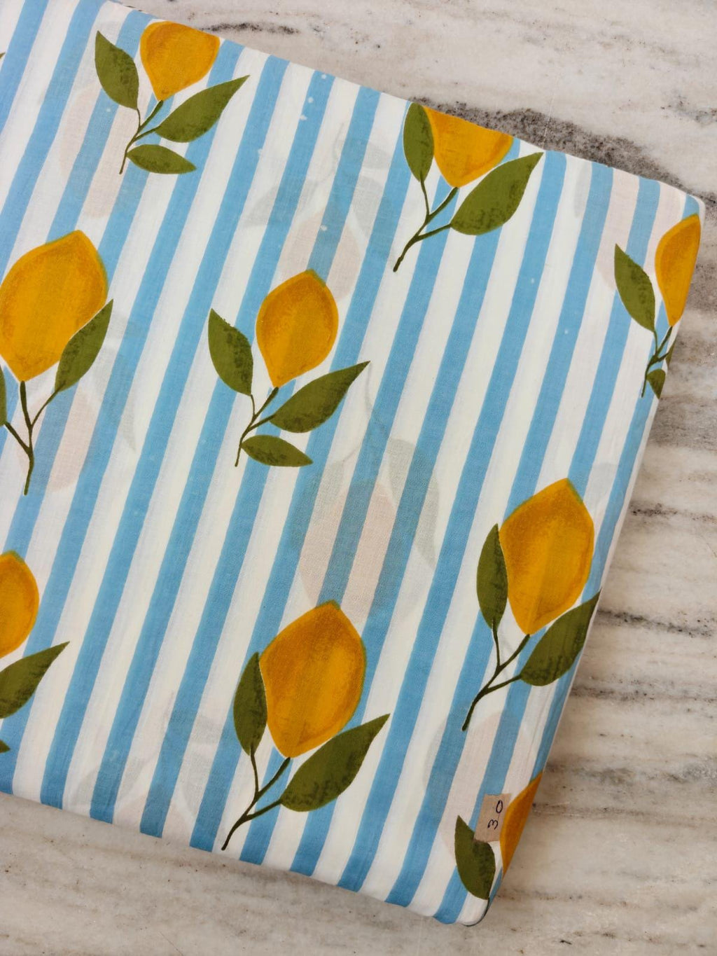 Sky Blue & White Stripe Lemon Cotton Fabric by the Yard, Citrus Print Cotton Fabric, Summer Fabric for Sewing, Dressmaking Home Decor