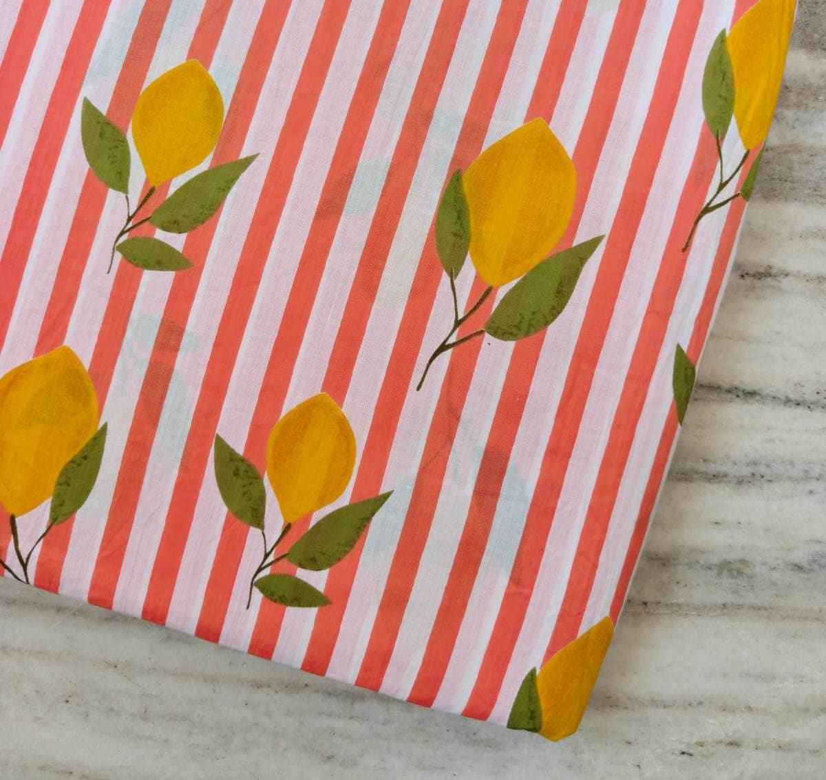 Coral Pink & White Stripe Lemon Cotton Fabric by the Yard, Yellow Citrus Botanical Print Fabric, Summer Quilting Fabric, Dressmaking