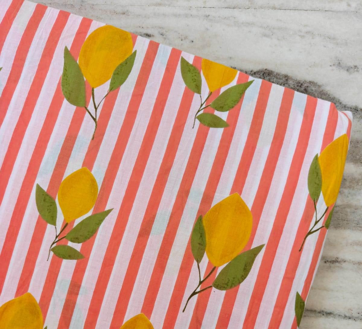 Coral Pink & White Stripe Lemon Cotton Fabric by the Yard, Yellow Citrus Botanical Print Fabric, Summer Quilting Fabric, Dressmaking