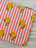 Coral Pink & White Stripe Lemon Cotton Fabric by the Yard, Yellow Citrus Botanical Print Fabric, Summer Quilting Fabric, Dressmaking