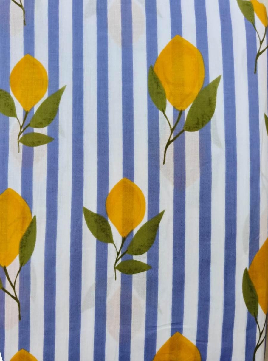 Royal Blue & White Stripe Lemon Cotton Fabric by the Yard, Yellow Citrus Botanical Print Fabric, Summer Quilting Fabric, Dressmaking Sewing