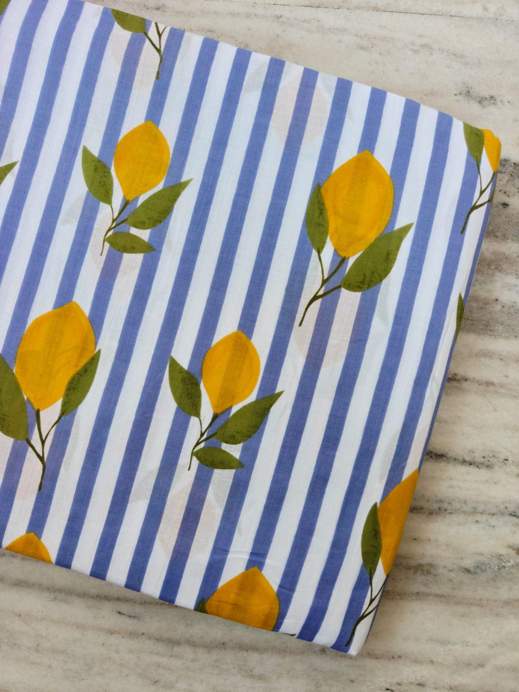 Royal Blue & White Stripe Lemon Cotton Fabric by the Yard, Yellow Citrus Botanical Print Fabric, Summer Quilting Fabric, Dressmaking Sewing