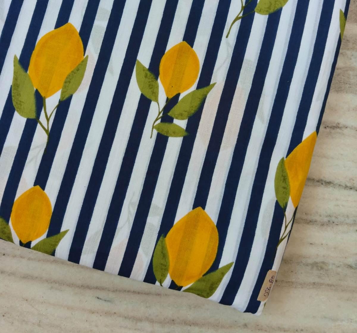 Navy Blue & White Stripe Lemon Cotton Fabric by the Yard, Yellow Citrus Botanical Print Fabric, Summer Cotton Sewing Fabric,, Dressmaking