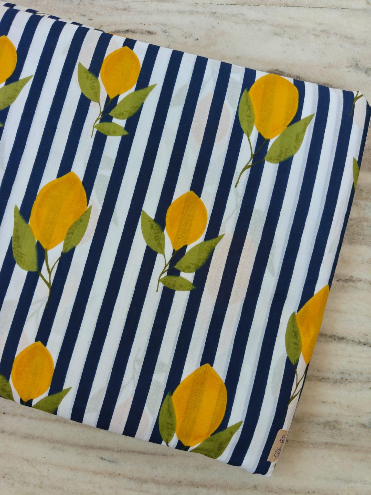 Navy Blue & White Stripe Lemon Cotton Fabric by the Yard, Yellow Citrus Botanical Print Fabric, Summer Cotton Sewing Fabric,, Dressmaking