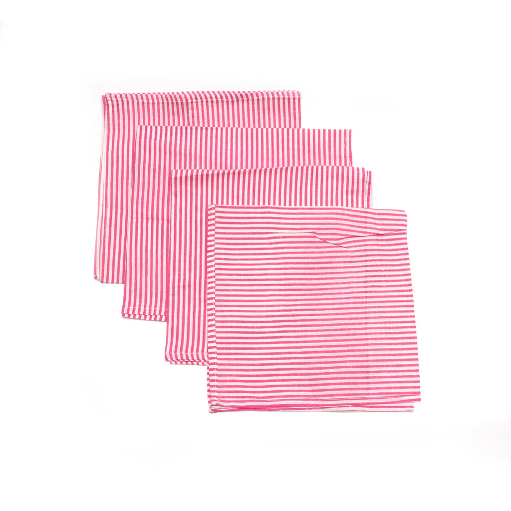 Hand Block Print Cotton Pink Stripe Napkins Set of 4, Handmade Cloth Dinner Napkins, Reusable Table Napkins, Table Linen, Kitchen Napkins